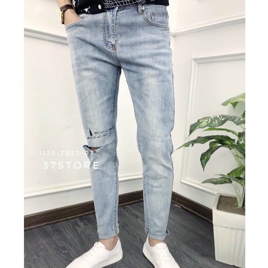 QUẦN JEAN NAM CAO CẤP CO DÃN RÁCH NGANG GỐI HÌNH CÂY THÔNG MINI HOT TREND HỢP THÒI TRANG