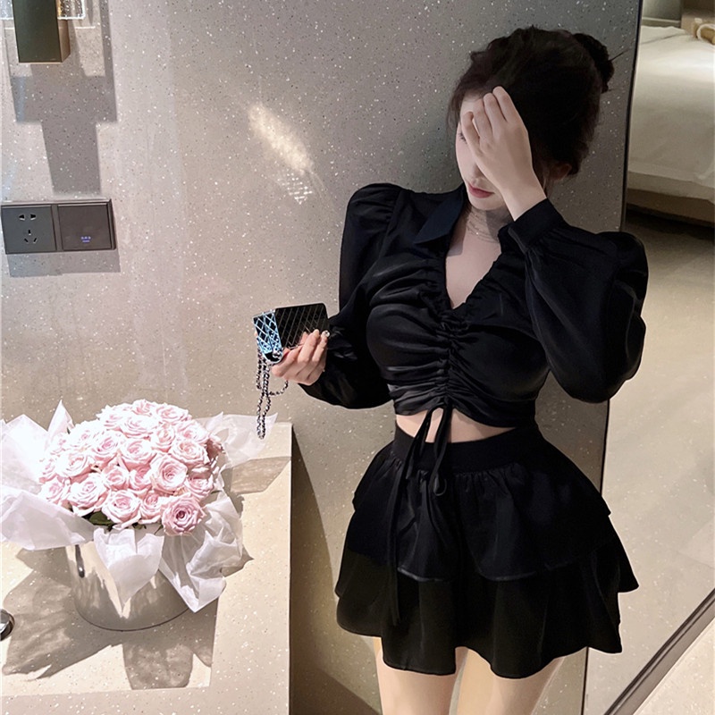 Áo Croptop Cổ v Phối Dây Rút Thời Trang Mùa Thu Quyến Rũ Cho Nữ