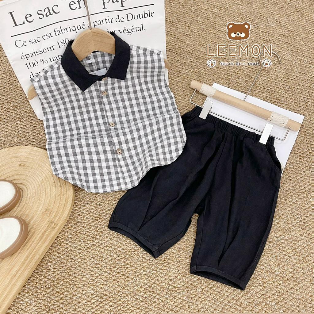 Bộ quần áo  bé trai, sơ mi sát nách, quần boomber BEEMO LEEMON 23B110, bộ đồ áo chất vải thô xốp, quần thô karo mềm mại