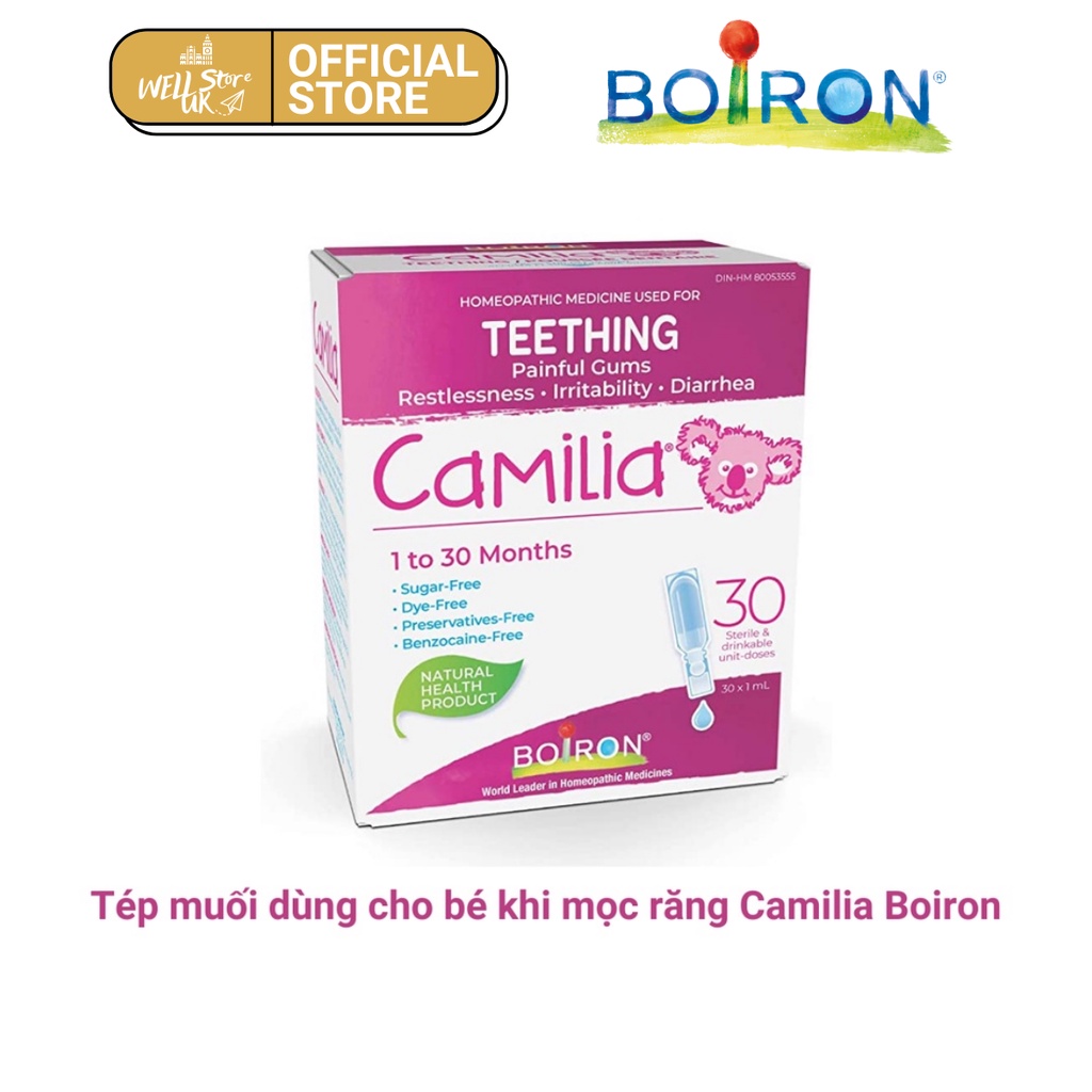 Tép muối vi lượng đồng căn Camilia Teething Boiron giúp giảm khó chịu khi mọc răng cho bé