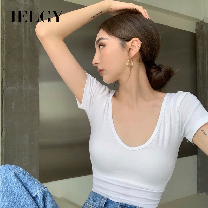 Áo thun IELGY cổ chữ V tay ngắn dáng ôm thời trang dành cho nữ