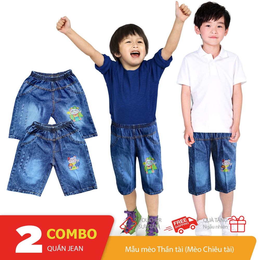 Combo 2 quần Jean lửng bé trai mèo thần tài Maneki Neko size 25-50kg