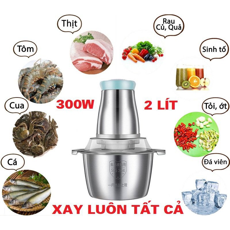 Máy Xay Thịt Cối Inox 4 Lưỡi Đa Năng, Máy Xay Thực Phẩm Cho Bé Ăn Dậm Đa Năng 2 Lít Công Suất Lớn