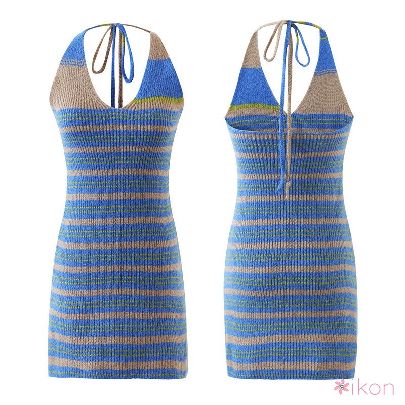 Đầm Cổ Yếm Họa Tiết Kẻ Sọc Thời Trang Mùa Hè Hàn Quốc Chất Liệu Thoáng Khí Cho Nữ