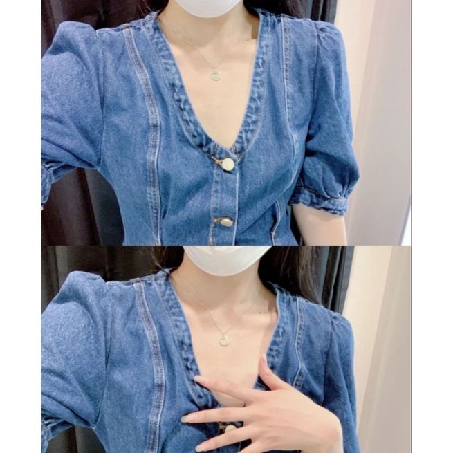 Váy jean ngắn vai bồng cổ V ZR