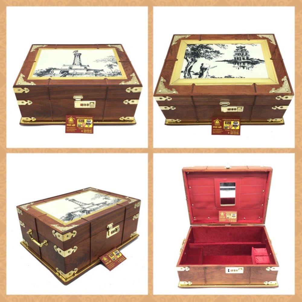 Hộp đựng trang sức,gia phả,tiền hầu gỗ hương,mặt tranh sứ