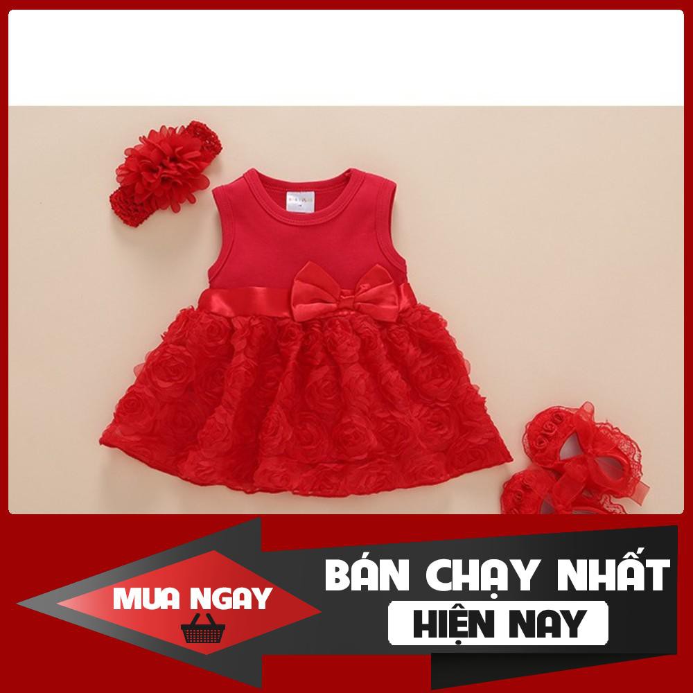 Đầm Đầy Tháng Thôi Nôi Cho Bé Gái Hoa Hồng Kết [ KÈM GIÀY VÀ BĂNG ĐÔ ] [ CÓ HÌNH THẬT ]