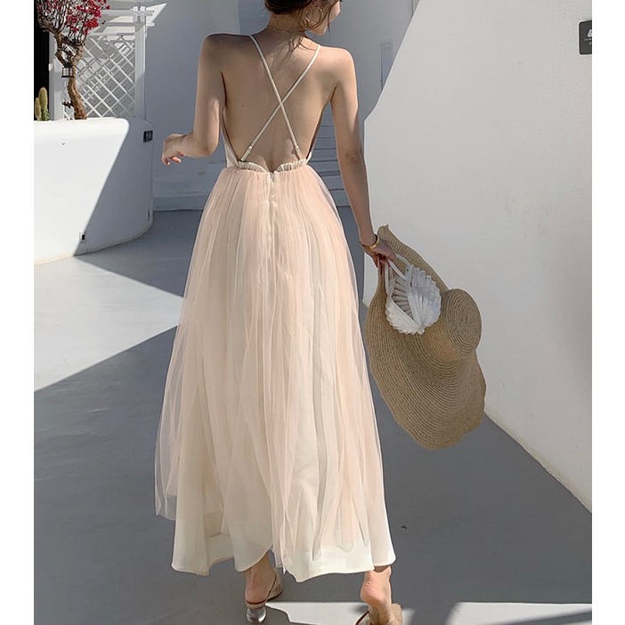𝑹𝒖𝒃𝒚 𝑫𝒓𝒆𝒔𝒔 | Đầm Đi Biển 2 Dây Dáng Dài Khoét Lưng Chất Voan 2 Lớp Tiểu Thư Sang Chảnh, Đầm Maxi Đi Biển Tiểu Thư