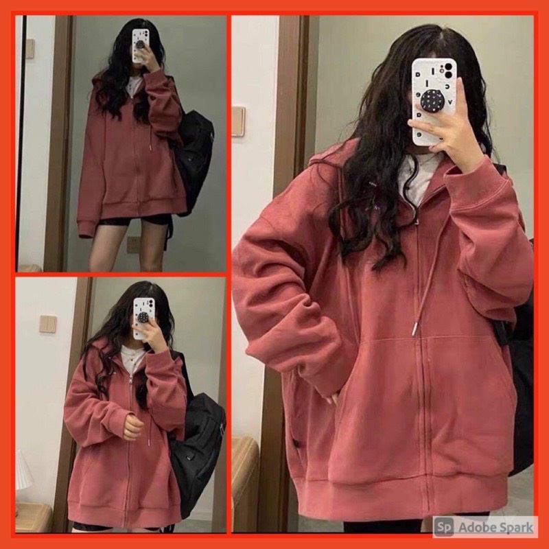 Áo Khoác Nỉ Hoodie Màu Đỏ Gạch Trơn Tay Bồng Nam Nữ Dáng Rộng Unisex Phong Cách Hàn Quốc