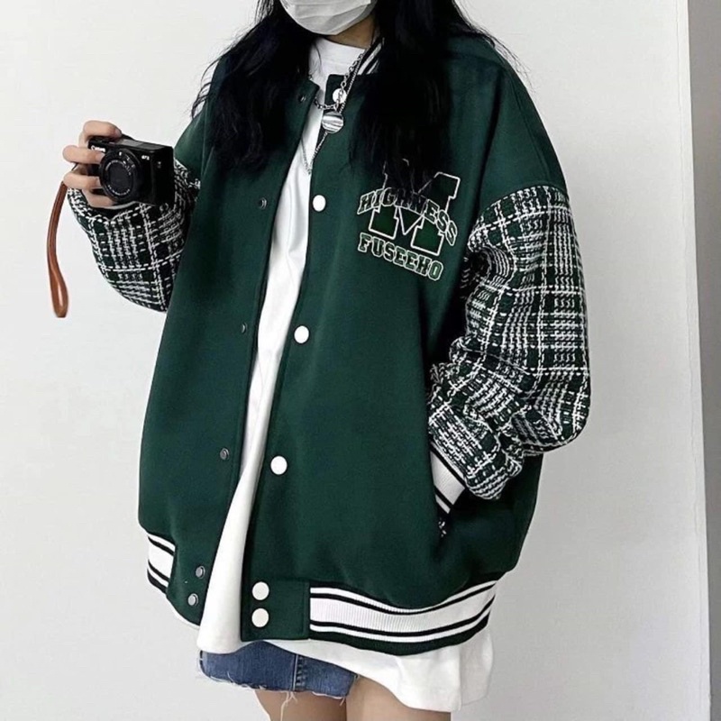 Áo Khoác Bomber Chữ M Phối Tay Kẻ Nam Nữ, Phong Cách Bóng Chày Hoạ Tiết Đỉnh Cao Thời Trang BomBer