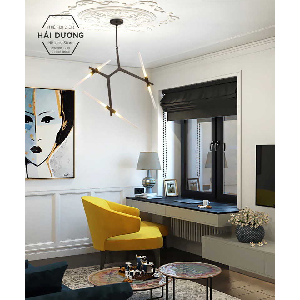 Đèn Chùm Decor Xương Cá 6 Tay (Đen/Vàng) - Tặng kèm 6 bóng led - Có video - Bảo hành 12 tháng