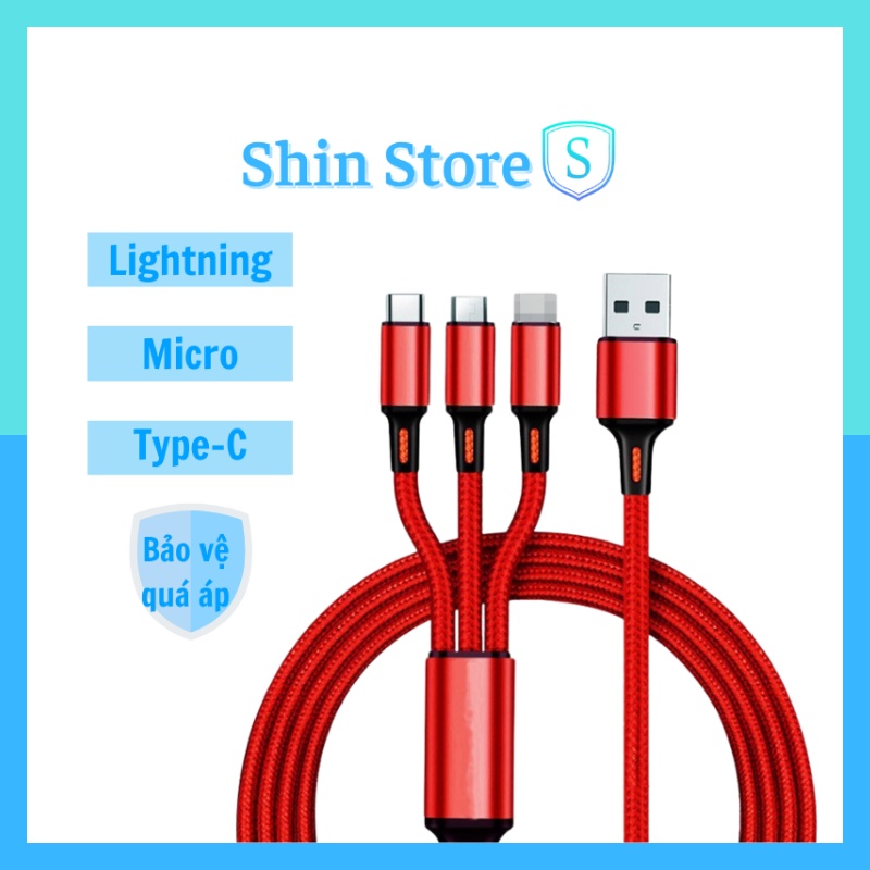 Cáp sạc 3 đầu dây dù 1m type-c micro dây dù cho iP/Xiaomi/Samsung/Huawei/Oppo cao cấp