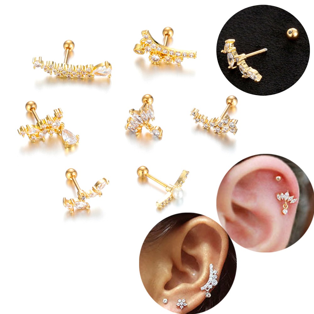 🌱EUPUS🍀 1PC|Cartilage Ear Stud Screw Back CZ Zircon Piercing Earring Stainless Steel Punk Jewelry Surgical Barbell Crown Flower Tragus Helix/Multicolor