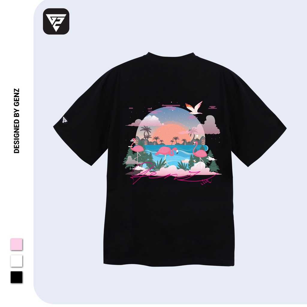 Áo thun tay lỡ GENZ phông Unisex nam nữ Cotton oversize form rộng Summer Flamingo