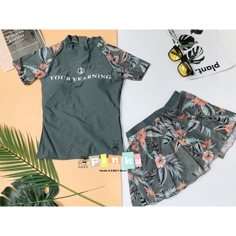 Đồ bơi nữ 2 mảnh big size cao cấp, áo tắm rời cộc tay, váy hoa 2 lớp