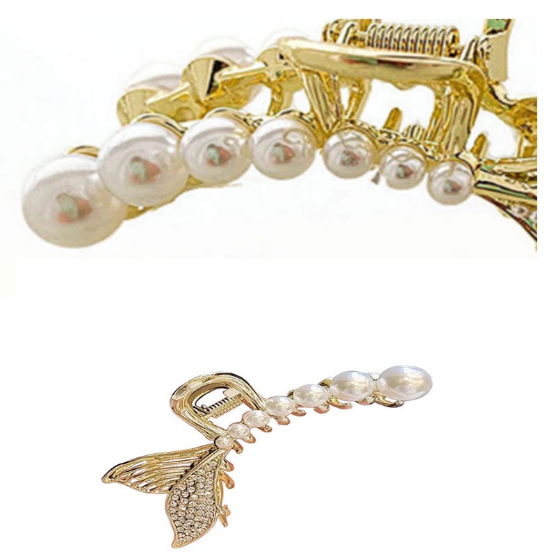 Kẹp tóc kim loại kiểu đuôi cá đính hạt ngọc trai thanh lịch cho nữ