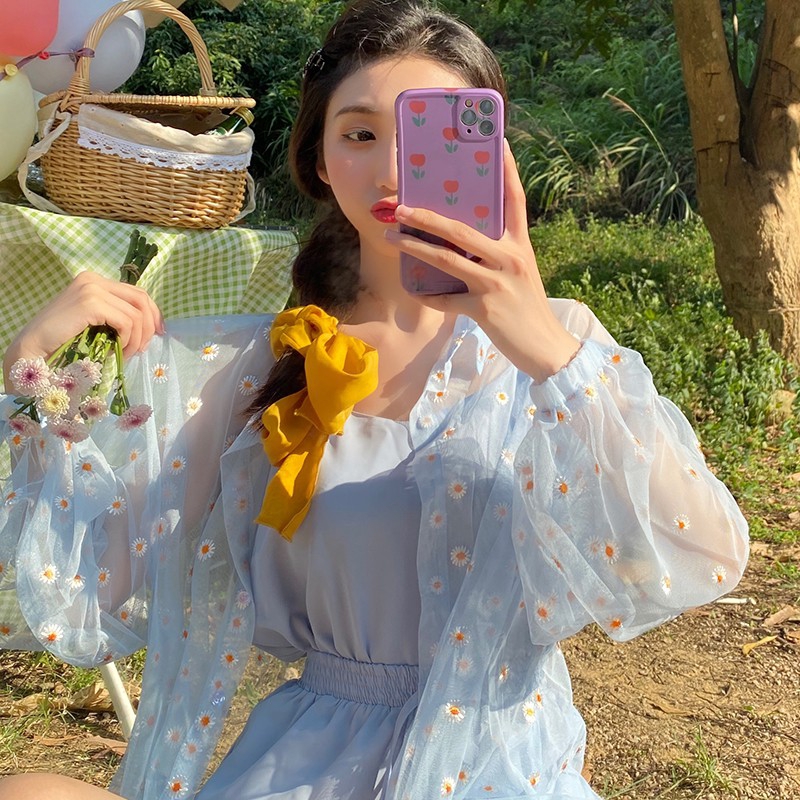 Áo Sơ Mi Đi Biển Tay Dài Dáng Rộng Họa Tiết Hoa Cúc Phong Cách Hàn Quốc