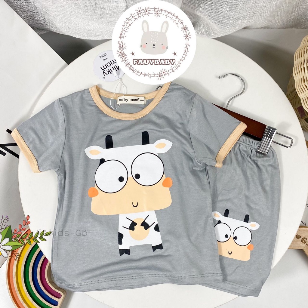 Bộ MINKY MOM Bé Trai Bé Gái Tay Ngắn Quần Cộc Thun Lạnh Màu Sắc Tươi Sáng Hình Gấu Bò Khủng Long Bé 0-5 Tuổi - Favybaby