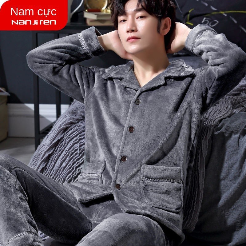 Đồ ngủ nam mùa đông của nam giới cộng với nhung dày san hô lông cừu đồ ngủ của nam giới mùa thu flannel mùa thu / mùa đô