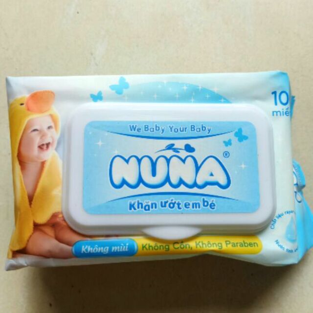 Combo 10 khăn giấy ướt Nuna 80, 100 tờ mẫu mới không mùi.