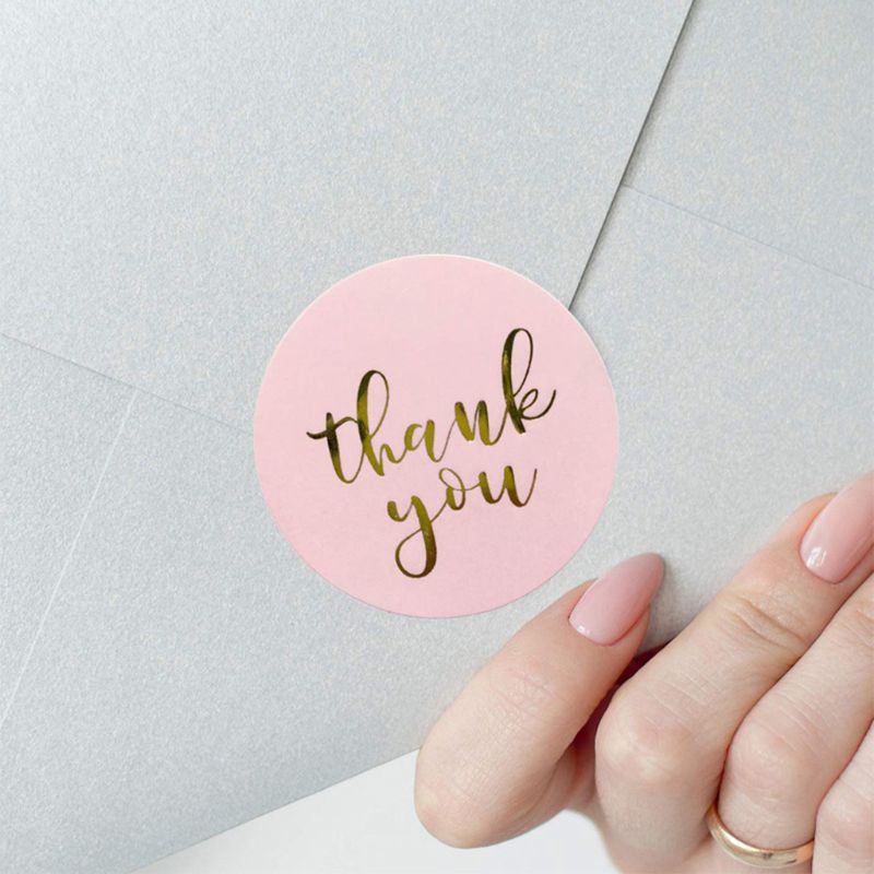 Cuộn 500 sticker in chữ "Thank you" màu vàng nền hồng