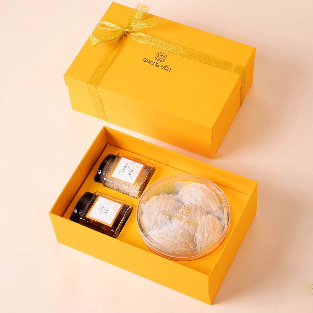 Hộp quà giây và gỗ cao cấp - 30Gram Tinh chế kèm 1 hũ gừng mật, hũ táo đỏ - Đại Cát Quang Yến