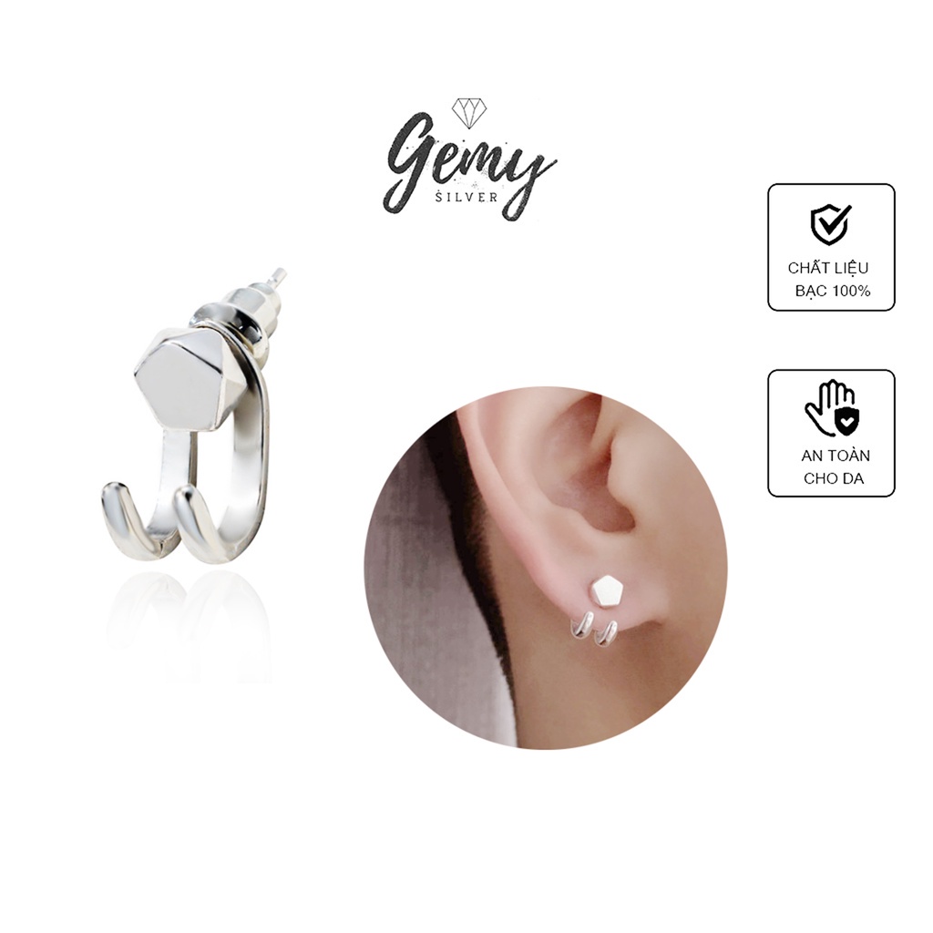 Khuyên tai nam bạc 925 lục lăng 2 móc cong unisex (1 chiếc) | GEMY SILVER KN59