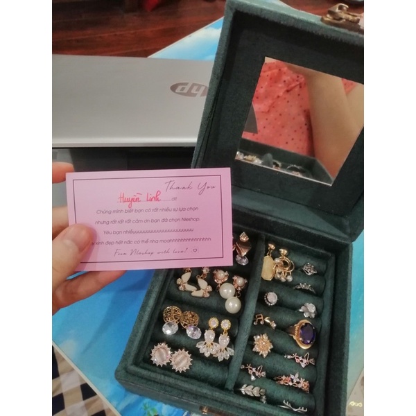 Hộp cốp đựng trang sức nhung 3 tầng có gương sang trọng