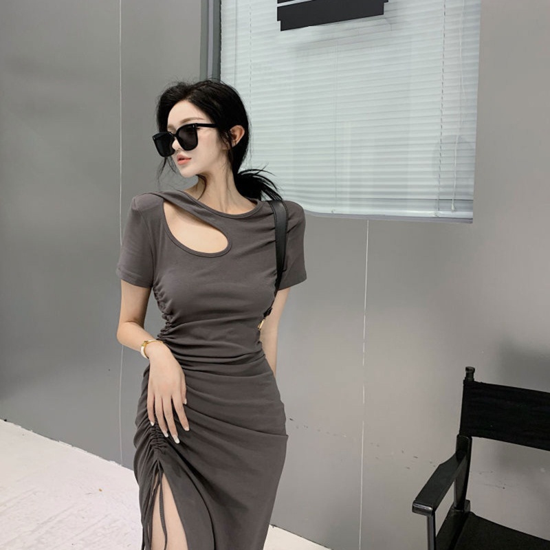 Đầm Midi Tay Ngắn Cổ Tròn Màu Sắc Đơn Giản Thời Trang Mùa Hè Quyến Rũ Cho Nữ