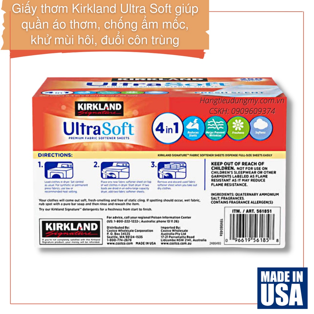 Giấy thơm quần áo Kirkland Ultra Soft Premium Fabric Softener hộp 250 tờ