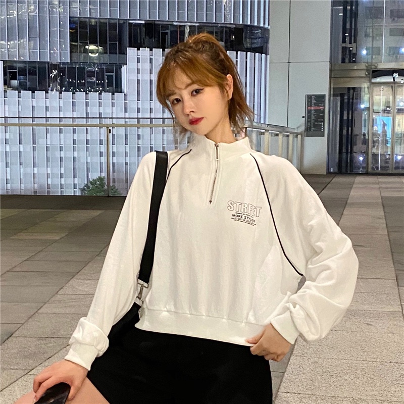 Áo nỉ nữ SUXI dài tay cổ tròn phối khóa kéo thời trang Hàn