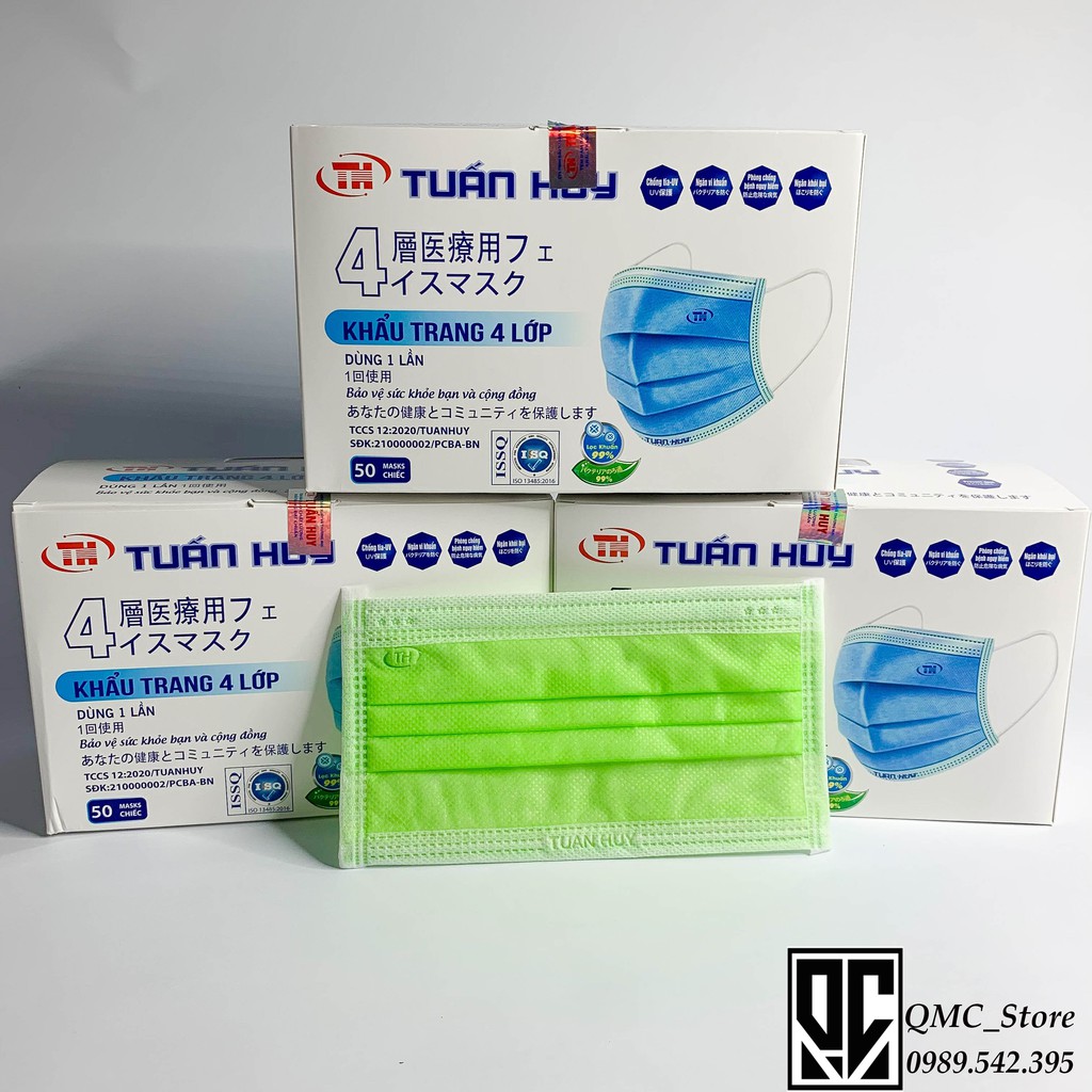 &lt;Hot&gt; Khẩu trang y tế 4 lớp kháng khuẩn màu xanh lá, hộp 50c #QMC