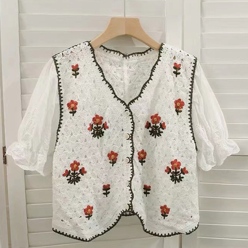 Áo Croptop Dệt Kim Tay Ngắn Phồng Thêu Họa Tiết Hoa Phong Cách Cổ Điển Thời Trang Cho Nữ