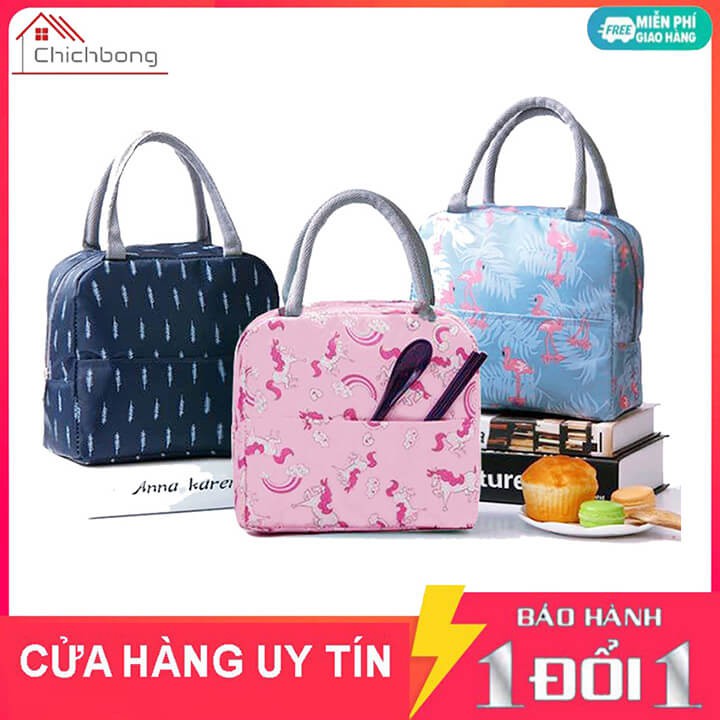 Túi giữ nhiệt đựng cơm văn phòng có khóa kéo họa tiết bắt mắt