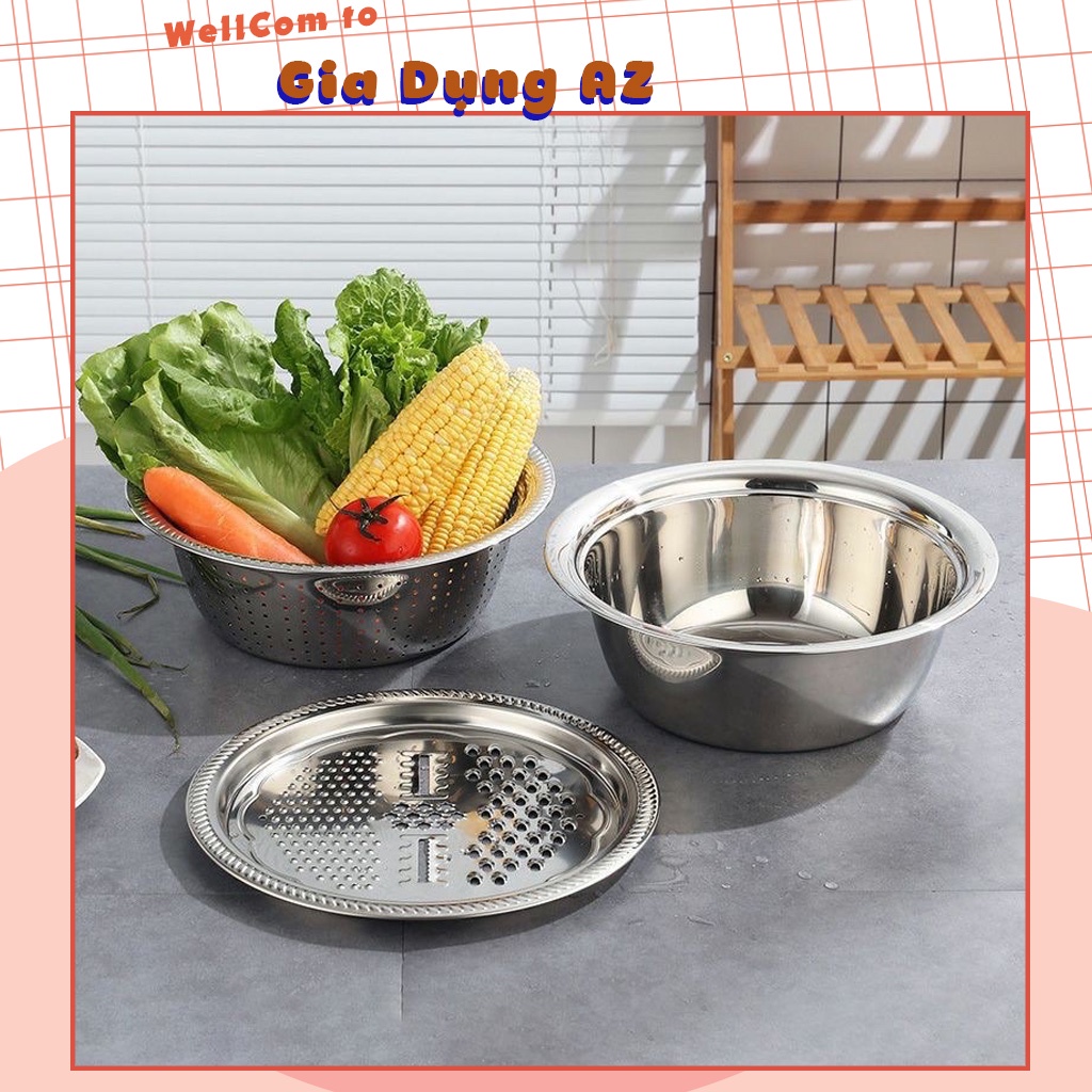 Dụng cụ nhà bếp bộ nạo rau củ quả thông minh Nhật Bản kiêm rổ và chậu inox cao cấp đa năng tiện lợi AZ S2200