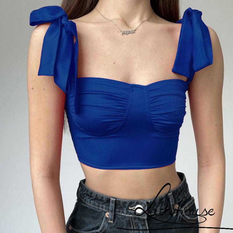 Áo Crop Top Hai Dây Không Tay Màu Trơn Có Cột Dây Màu Trơn Thời Trang Mùa Hè Màu Đen/Trắng/Đỏ/Xanh Dương S/M/L