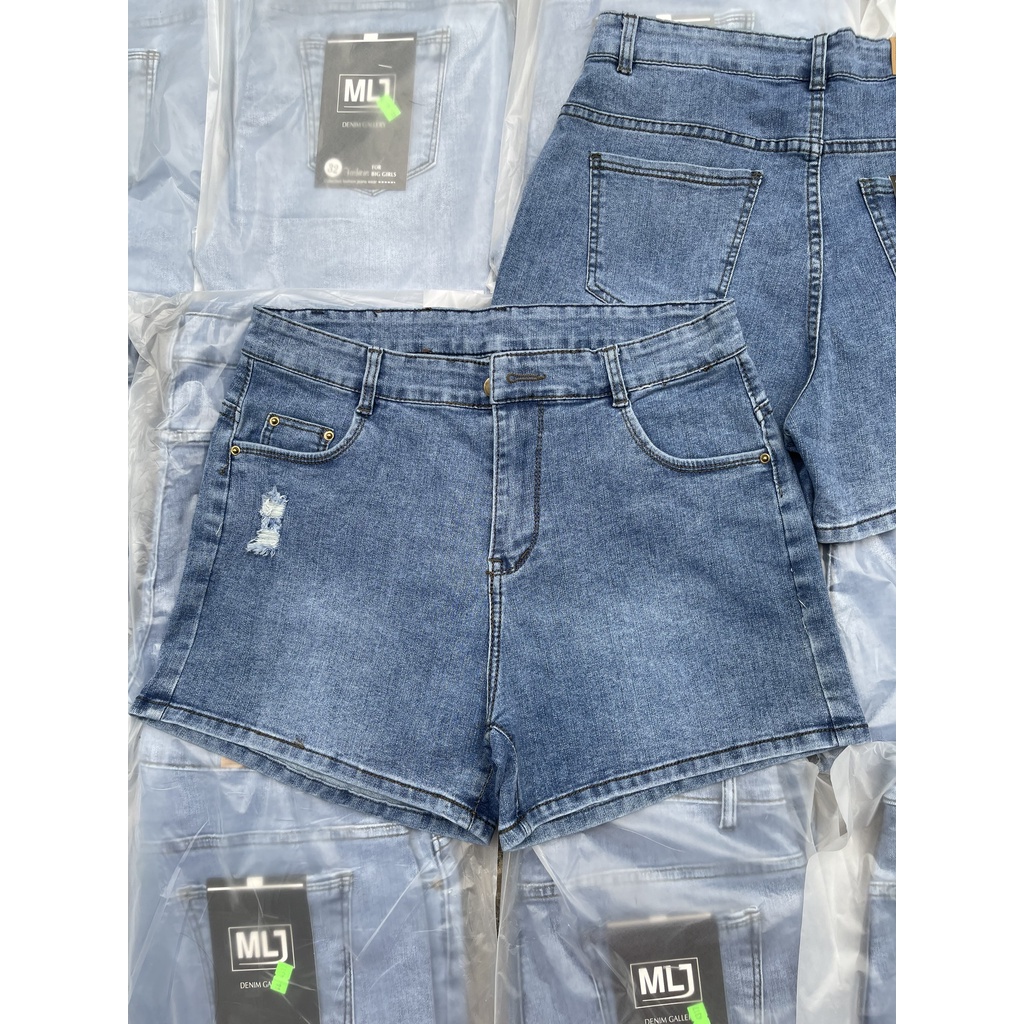 Quần short jean nữ BigSize lưng cao, co dãn mạnh, màu xanh nhạt Rách, phom rộng 4326 cho người mập 60kg 70kg 80kg 90kg