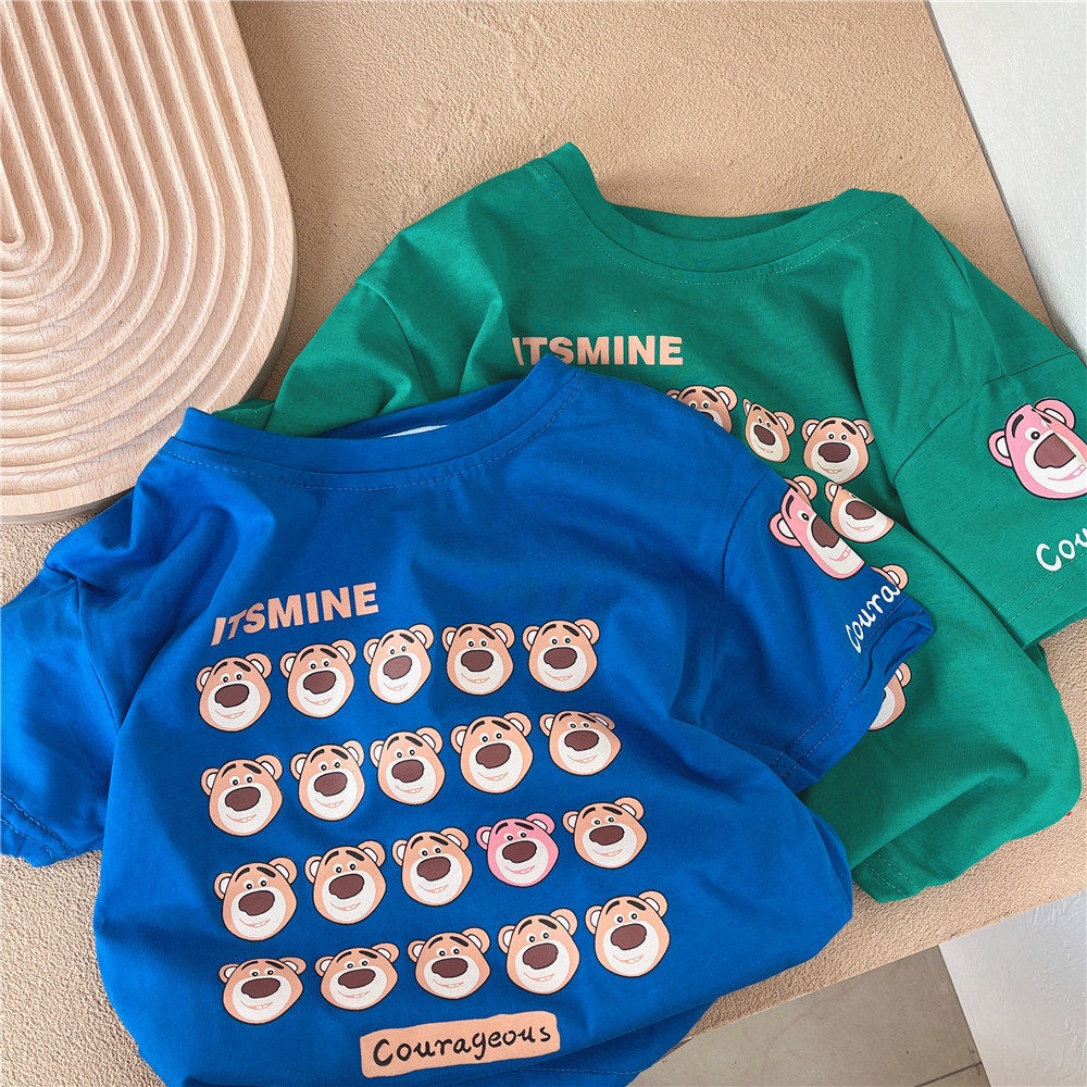 Áo Thun 100% Cotton Tay Ngắn Cổ Tròn In Họa Tiết Hoạt Hình Phong Cách Hàn Quốc Cho Bé Trai