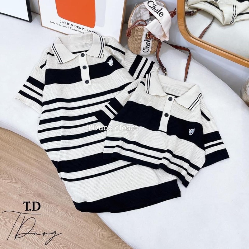 Áo, Váy len polo sọc ngang thêu ngực V058