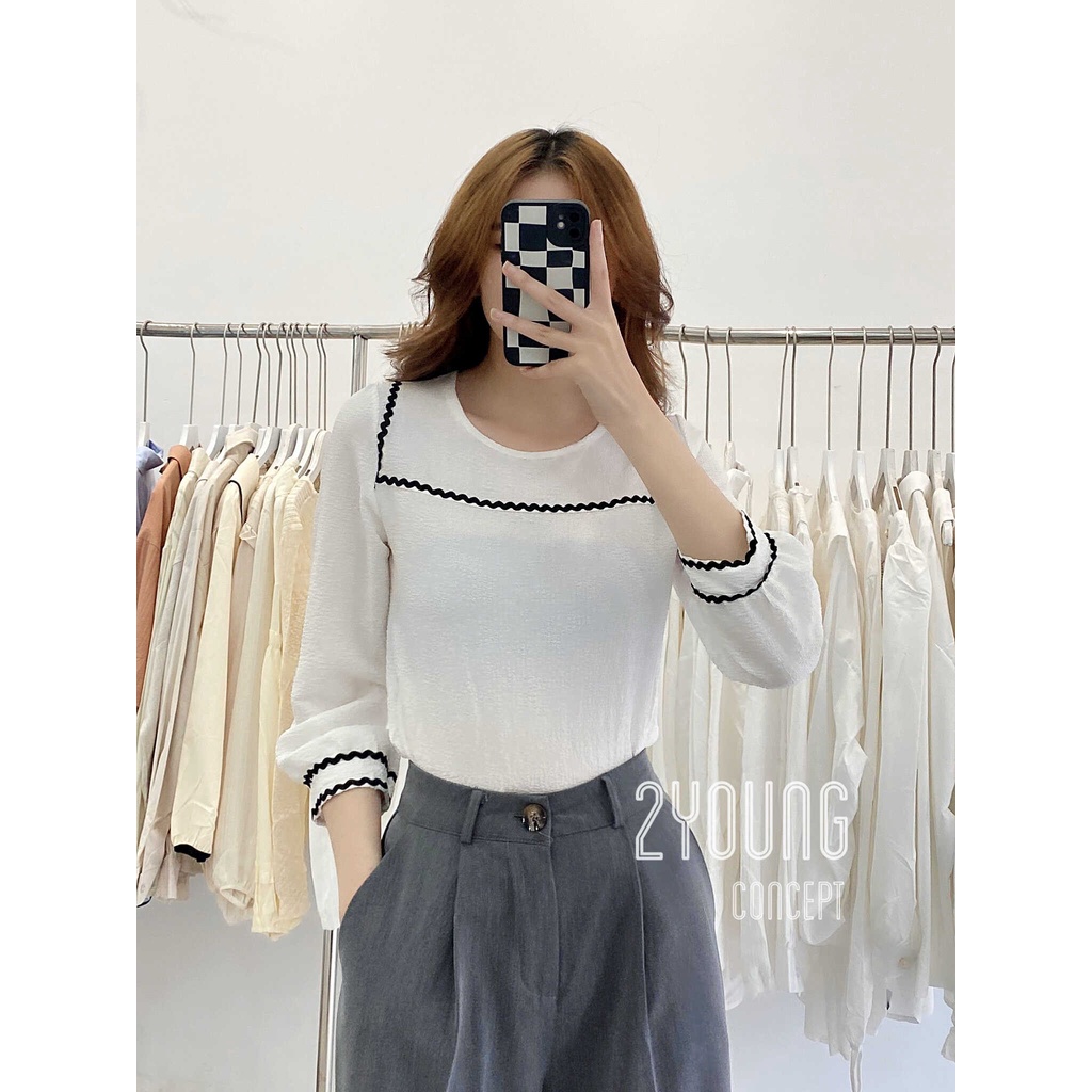 [2YOUNG] [ẢNH THẬT SHOP CHỤP] Áo kiểu tay dài hoạ tiết răng cưa ngang ngực A1011