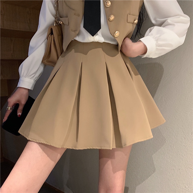 Set áo sơ mi trắng tay dài kèm cà vạt + vest gile croptop không tay + váy ngắn lưng cao xếp ly nâu đen ulzzang