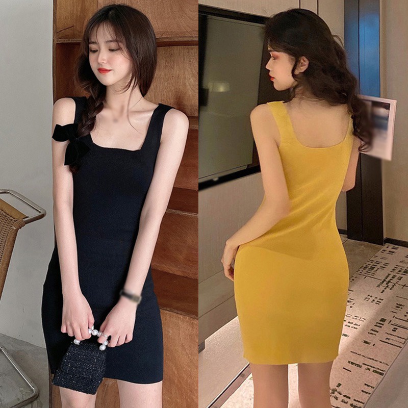 Đầm Sát Nách Cổ Vuông Màu Sắc Thanh Lịch Cho Nữ