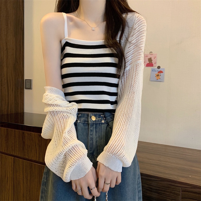 Áo hai dây họa tiết kẻ sọc/ Áo khoác cardigan tay dài ZHELIHANGFEI dệt kim chống nắng thời trang cho nữ