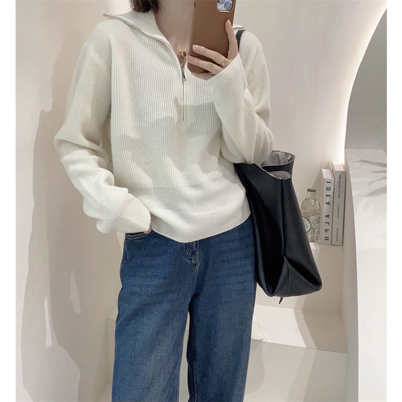 Áo dệt kim ZHELIHANGFEI tay dài dáng rộng phối khóa kéo phong cách Hàn Quốc dễ phối đồ