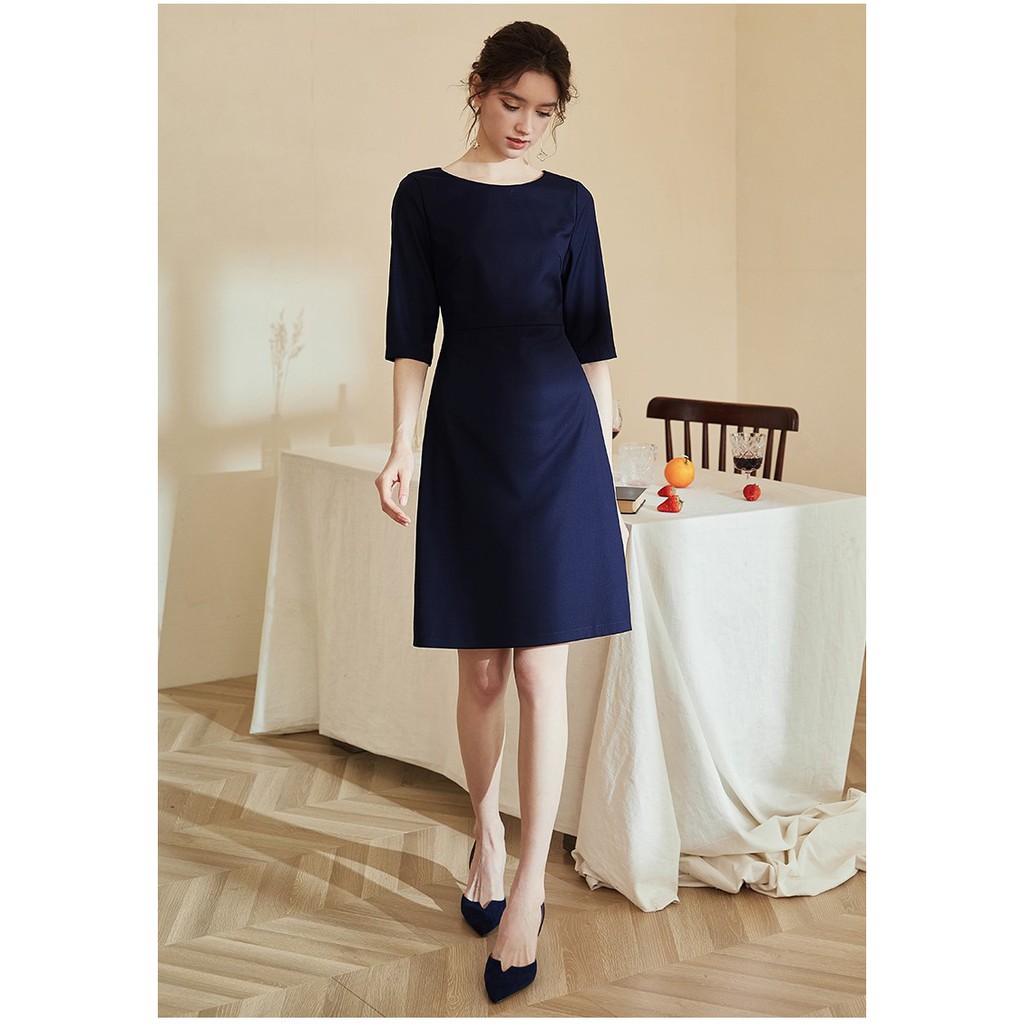 Đầm tối giản chữ a công sở tay lửng cổ tròn xanh đen