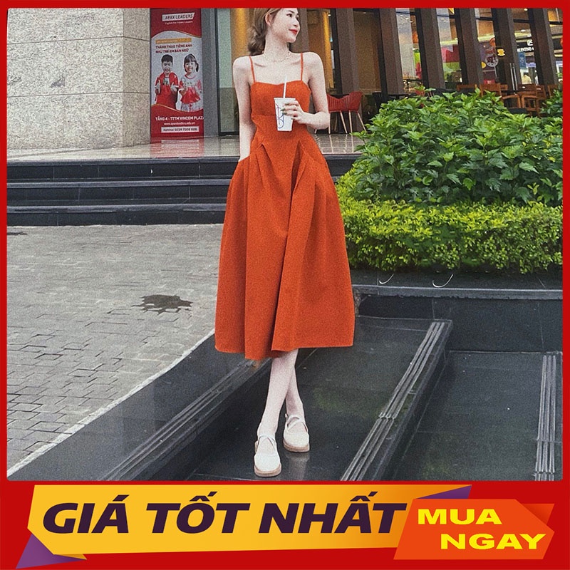 Váy 2 Dây Dáng Xòe Màu Cam Cháy Hàng Quảng Châu Loại 1 M8940