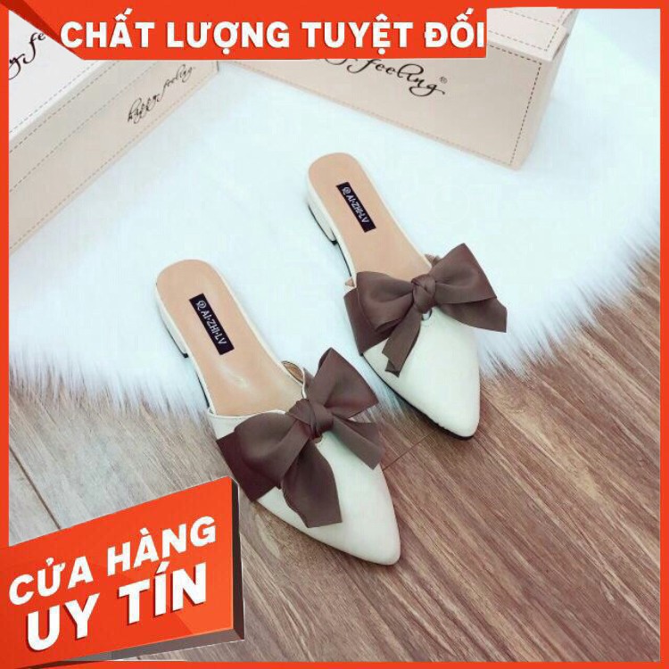 Giày sục nữ cao gót 3cm thắt nơ mũi nhọn