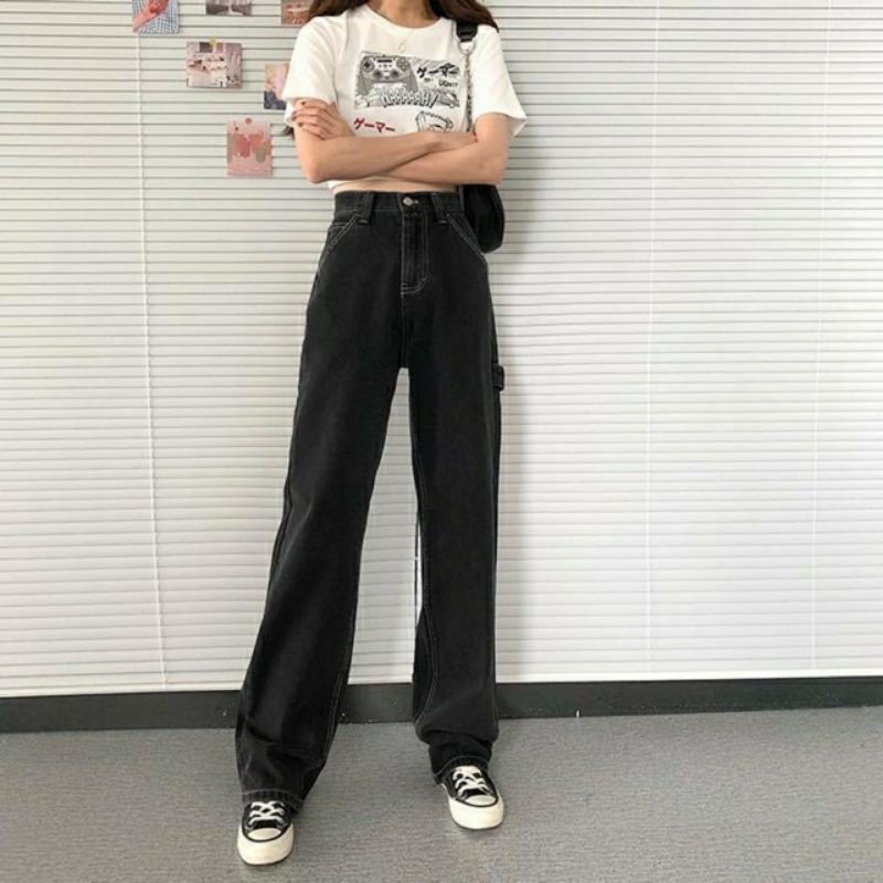 Quần jeans ống suông Đen phối dây (form Nữ)