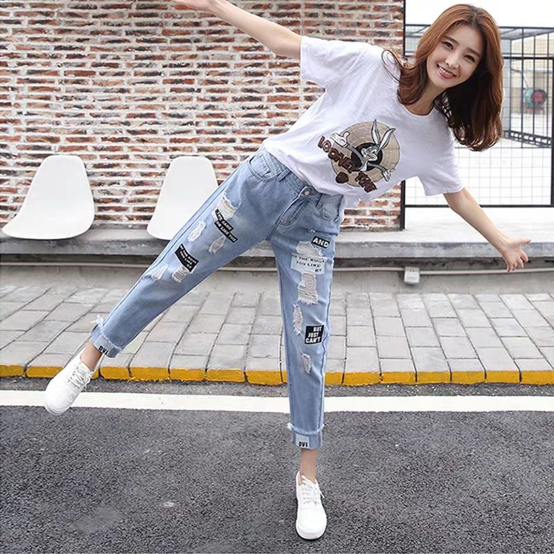 Quần Jeans Lửng Lưng Cao Ống Rộng Rách Gối Thời Trang Hàn Quốc Mới Cho Nữ