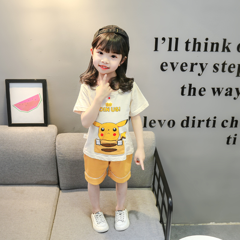 [Bé gái vận chuyển] Set Áo Thun Tay Ngắn & Quần Short In Hình Pikachu Cho Bé Gái